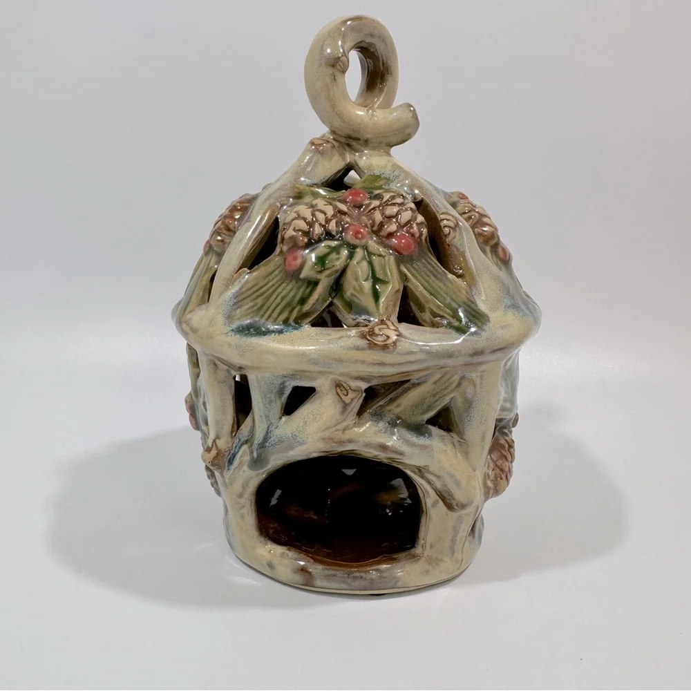 Vintage Hanging Holly Pinecone Holiday Winter Christmas Candle Holder Ceramic